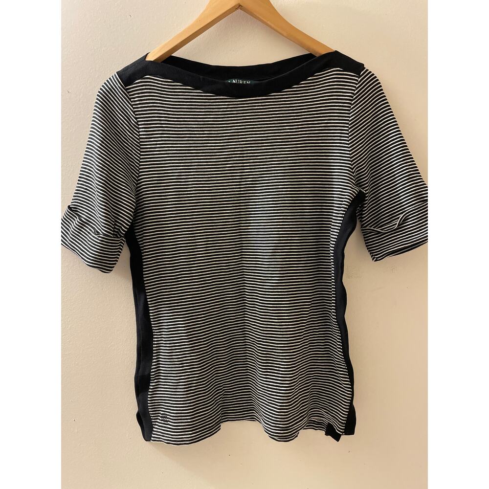 Lauren Ralph Lauren Womens Size Medium Navy‎ Striped Boatneck Shirt Short Sleeve